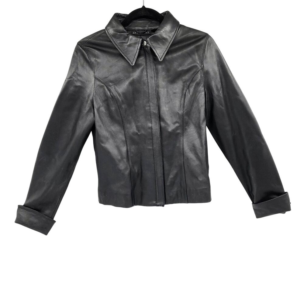 Vtg Y2k Attention Black Genuine Leather Fitted French Cuffs Jacket Women's Sz M